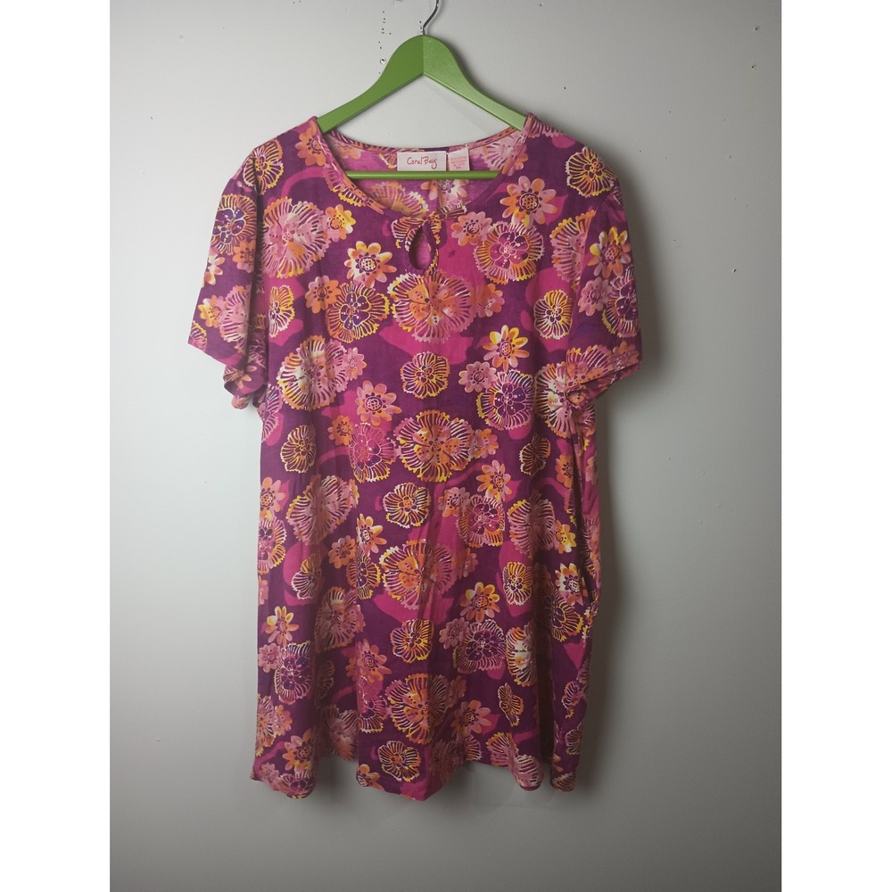 Coral Bay Women XL Pink Purple Floral Beaded Keyhole Cotton Short Sleeve Top